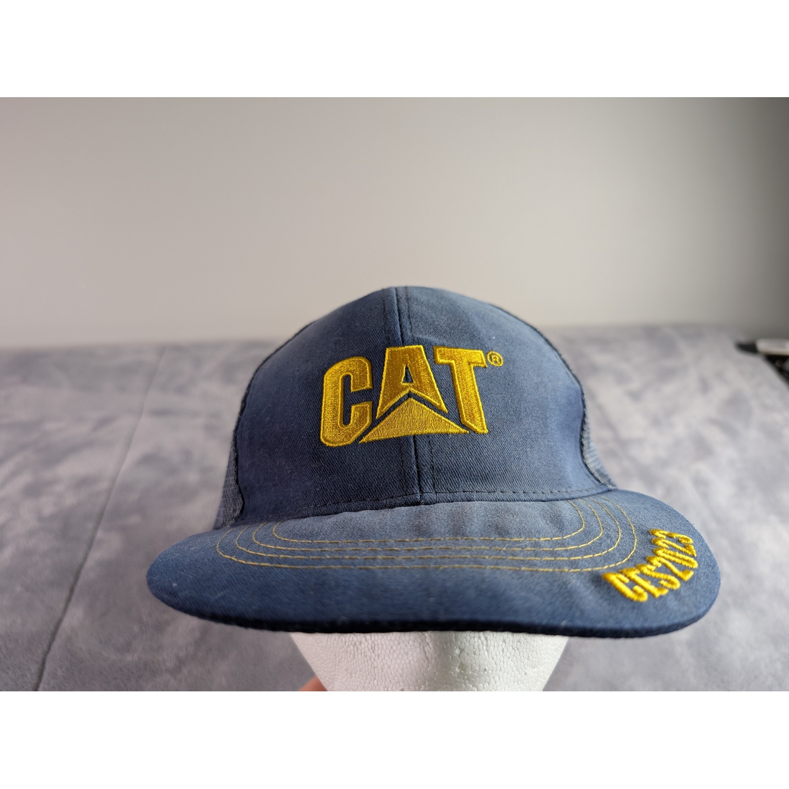 Cat Caterpillar Ces 2023 Trucker Hat Navy Blue Yellow Logo Snapback Mesh Cap